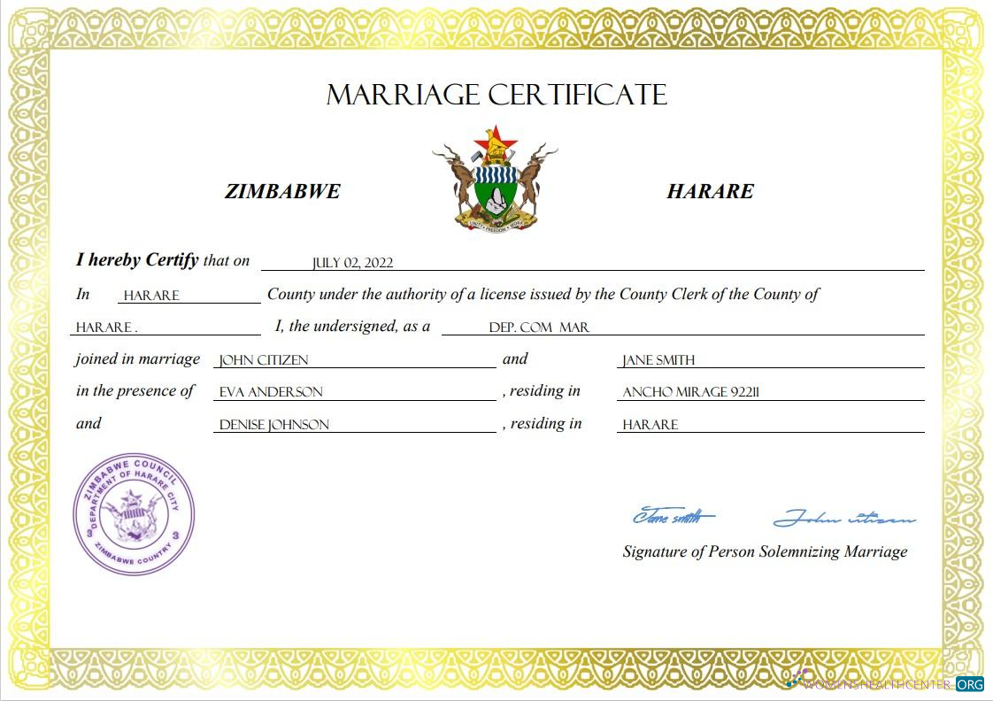 Download Zimbabwe marriage certificate Word and PDF template Photoshop template